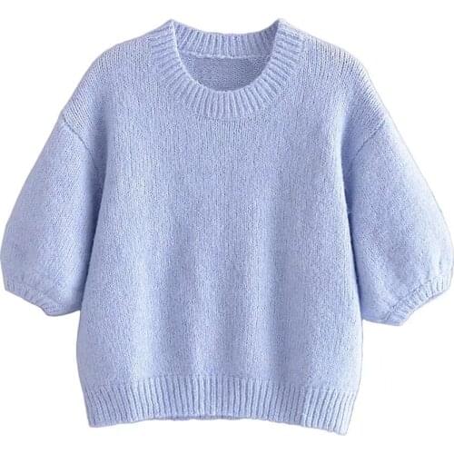Za 2021 winter blue knitted sweater womens short sleeved soft Pullover womens elegant loose knit top Street sweater