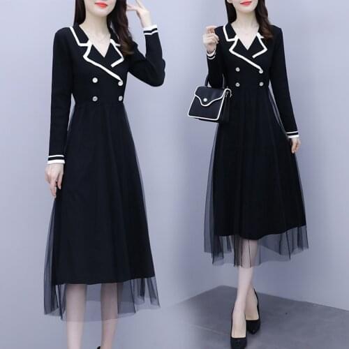 Womens Business Mesh Long Sleeve Dress Autumn A-Line Skater Holiday Swing Party Slim Casual Business Office Ladies Work Dresses