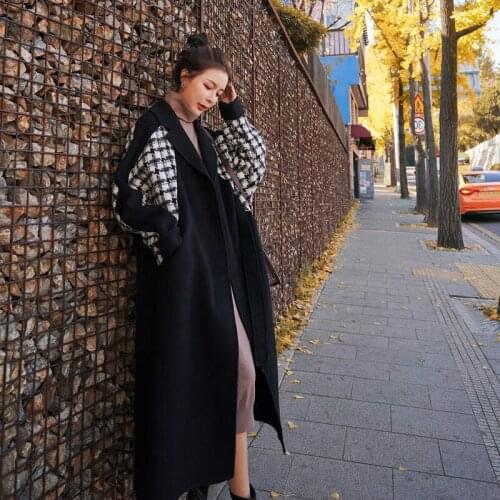 Black Woolen Coat Womens Long 2020 Autumn Winter Korean Loose Thick Plaid Windbreaker Women Long Blends Jacket Large Size R198