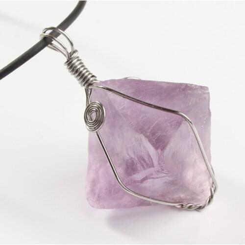 100-Unique Ethnic 1 Pcs Silver Plated Wire Wrapped Irregular Shape Pyramid Light Purple Fluorite Stone Pendant