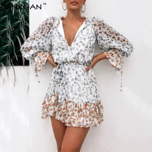 NANKEY White Orange Patchwork Ruffles Dress V Neck Flare Sleeve Holiday Long-Sleeve Sundress Special Sashes Womens Mini Dress