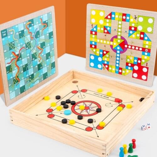 4 in 1 Wooden Carrom Board Toy Catapult Chess games Checkers Burr-free Two-player Puzzle Game Parent-child Interactive Toys