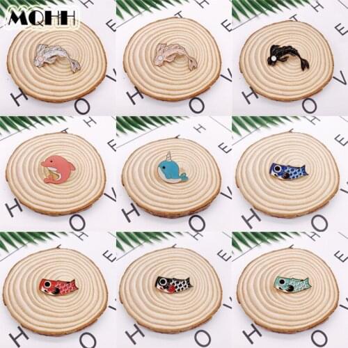 Cartoon Animal Fish Dolphin Whale Squid Koi Enamel Brooch Alloy Badge Denim Shirt Bag Pin Cute Cartoon Accessories Jewelry Gift