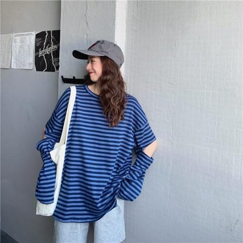 Harajuku Blue Striped Simple Short-Sleeved T-Shirt Womens Hole Feature Clothes Casual All-Match Korean Fashion Womens Top y2k
