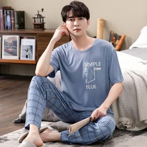 Summer Men Pajamas Set Modal Print Sleepwear Night Suit Casual Long Sleeve Stripe Pants Pyjamas Plus Size Homewear 4XL