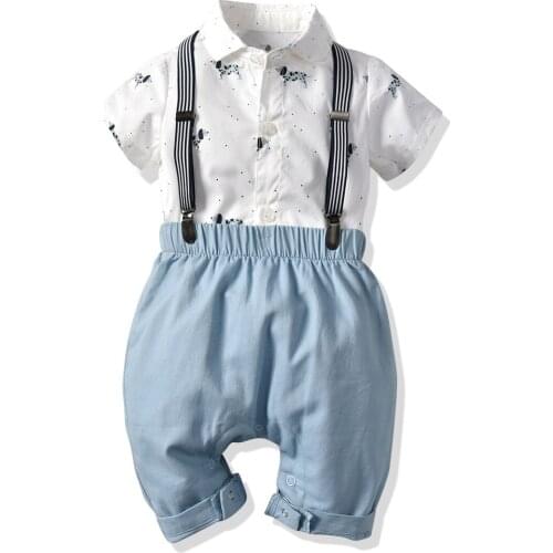 Summer Baby Boys Printed Dogs Outfits Short Sleeve Dots Tops Bodysuits+Strap Shorts Pants 2Pcs Fashion Boys Clothes Set 0-3T