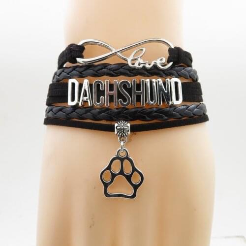Fashion dachshund bracelet dog paw charm dog dachshund mom dog gift black leather woman man bracelets dachshund bangles