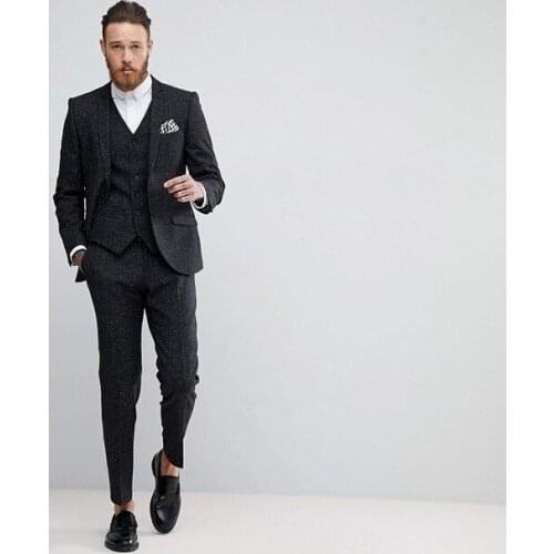 2019 Latest Design Dark Grey Tweed Mens Suits Groom Wedding Prom Slim Fit Mens Suit Terno Masculino Suits 3Pcs(Jacket+Pant+Vest)