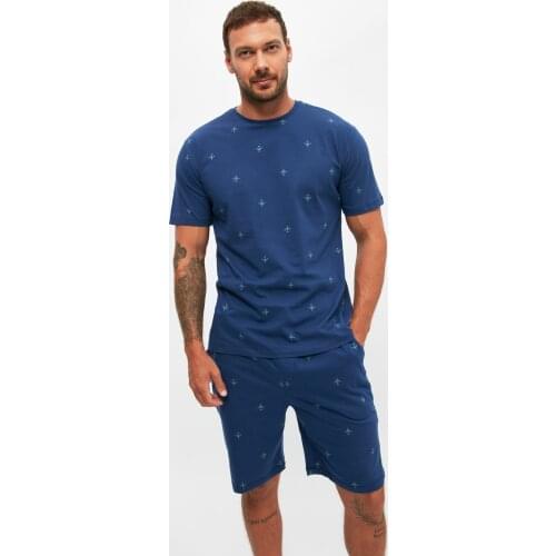 Navy Blue Plane Printed Knitted Pajamas Set 100% Cotton Mens Summer/Spring Homewear Fashion