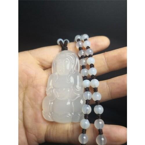 Natural Hand-woven Rope Carved White Chalcedony Patron Saint Pendant Necklace