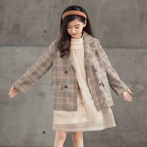 2021 Spring Autumn Girl Casual Plaid Blazer Coat 4-14 Years Old Children Jacket Double Breasted Fashion Costume