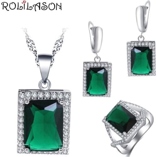 ROLILASON Surprise wedding gift For girl Green Zircon Square Design silver plated Earrings Necklace Rings Jewelry Sets JS754