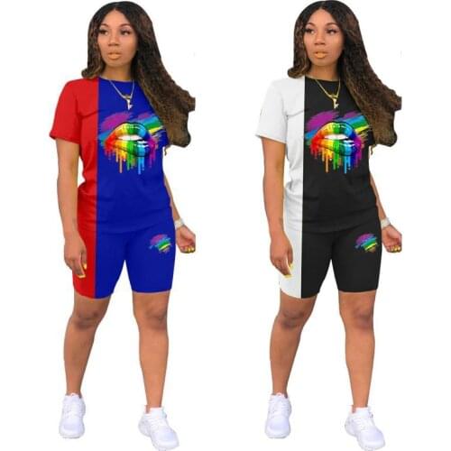 S-2XL casual trend women clothing 2021 summer outfit Stitching color printing short sleeve round neck two piece set women