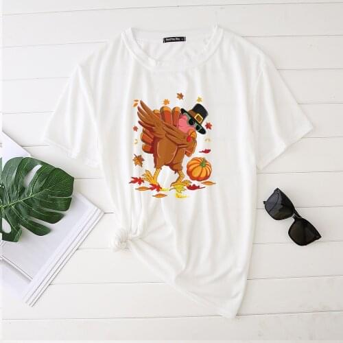 Seeyoushy Womens Tshirt Turkey Pumpkin Print Graphic Tees Casual Aesthetic Clothes Crew Neck Harajuku Tops for Teens Plus Size