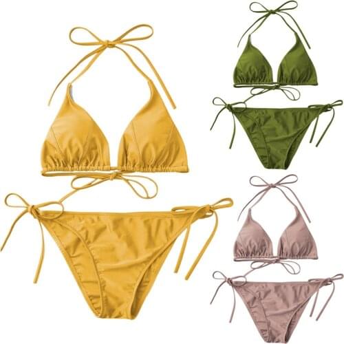 Sexy Women Triangle Swimwear Lace Up Bikini Suits Split Swimsuit Beach Wear Solid Color Ruched Trim Bra And Thong Beachwear