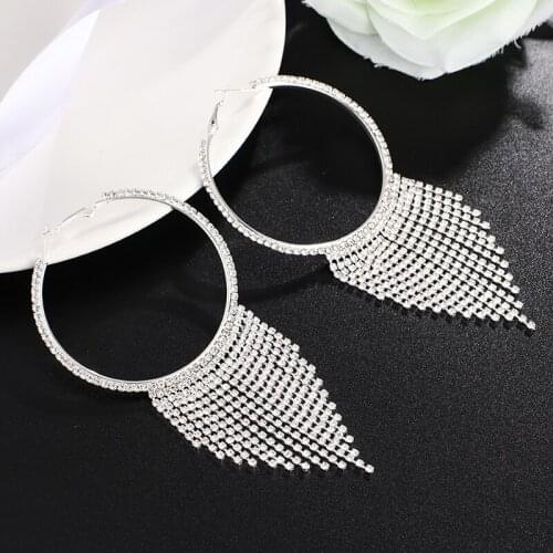 Silver Color Bride Long Tassel Earrings Crystal Large Women Hanging round Earrings Wedding Engagement Jewelry E618