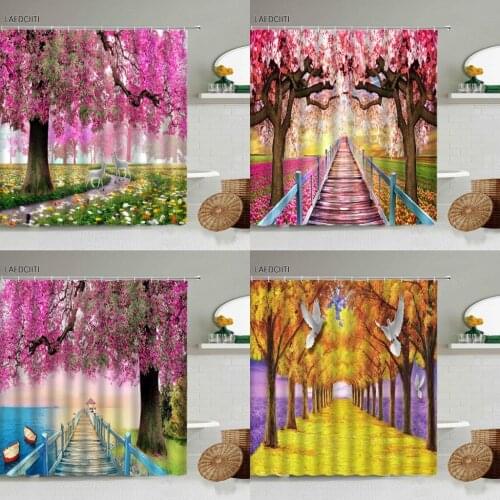 Pink Cherry Blossom Scenery Shower Curtain Plants Flowers Garden Road Dock Landscape Bathroom Decor With Hooks Waterproof Screen