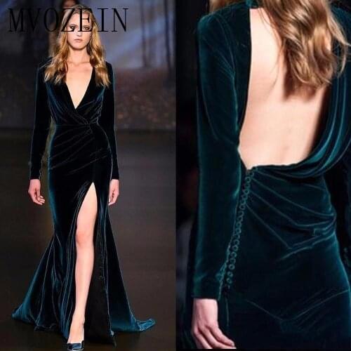 Blue Muslim Evening Dresses 2019 Mermaid V-neck Long Sleeves Velvet Slit Islamic Dubai Saudi Arabic Long Evening Gown