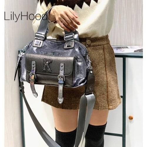 Women Luxury Designer Artificial Leather Handbag Female Rivet Diamonds Iridescent Paillette Sparkle Shiny Satchel Messenger Bag