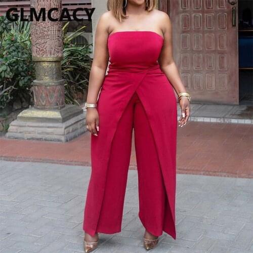 Women Plus Size Strapless Wide Leg Split Solid Jumpsuits