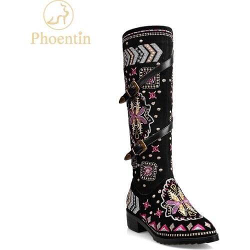 Phoentin ethnic knee high boots women 2019 embroidery mid heels shoes female zipper closure narrow band decoration black FT808