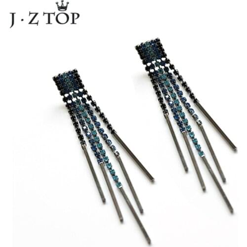JZTOP Blue Full Rhinestone Vintage Tassel Drop Earrings For Women Multilayer Crystal Long Metal Chain Dangle Earring Jewelry
