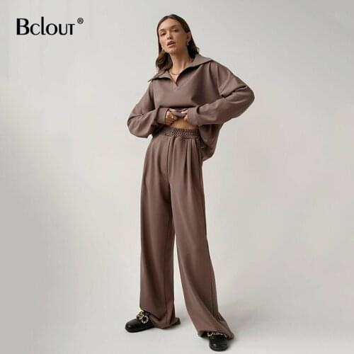 Bclout Loose Sweatshirt Knitted Suit Women Long Sleeve Turn Down Collar Tops Elastic Waist Wide Leg Pants 2 Piece Set Autumn Y2k