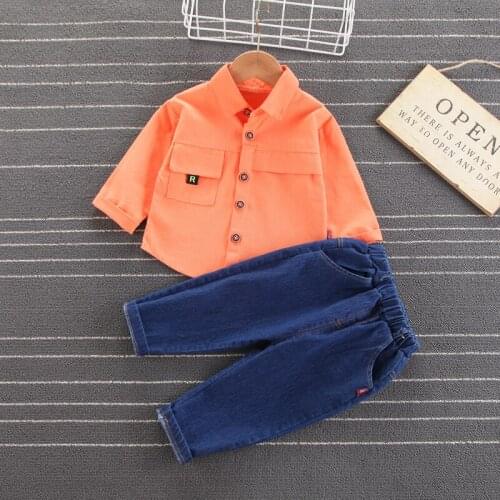 2Pcs Toddler Spring Autumn Fashion Baby Boys/Girls Clothing Sets Solid Color Shirt Top+Jeans Kids Cotton Children Casual Outfits
