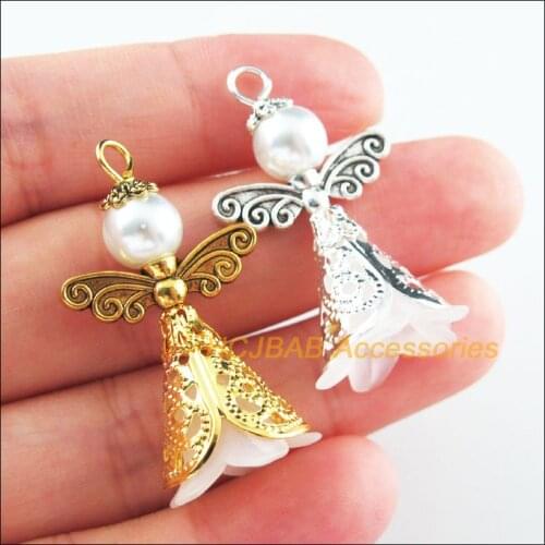 8Pcs Retro Gold Tibetan Silver Tone White Acrylic Angel Charms Pendants 22x37mm