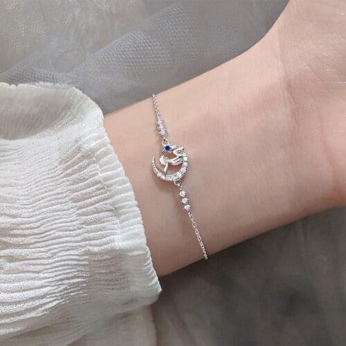 925 Sterling Silver Link Chain Crystal Moon Angel Charm Bracelet &Bangle For Women Girls Party Jewelry SL169