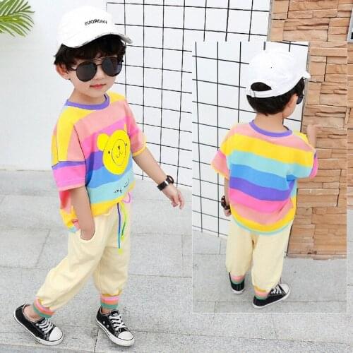Kids Sets Boys Girls Summer New Children Short Sleeved T Shirt +pant Two Sets of Childrens Rainbow Stripe Sport Suits