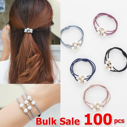 100pcs Wholesale Pearl Elastic Hair Rubber Bands Ring Ponytail Holder for Women Girls Hair Clip Scrunchie Headwear Accessories