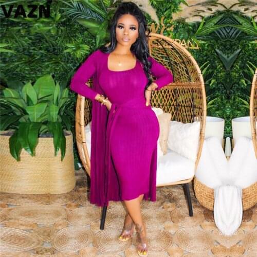 VAZN 2020 Hot High-end Knit Outfits Sexy Office Sweet Young Solid Full Sleeve X-Long Cloth Midi Dress Slim Women 2 Piece Set