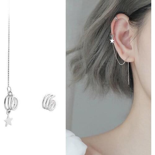 Korean New Style Star Asymmetric C-Shaped Ear Clip Long Tassel Chain Drop Earrings For Women Ear Bone Ear Cuff Earrings Jewelry