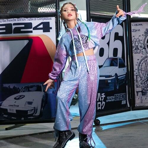 Girls Sequins Jazz Dance Costumes Reflective Material Hip Hop Modern Dancing Costumes Kids School Performance Dancewear YS1291