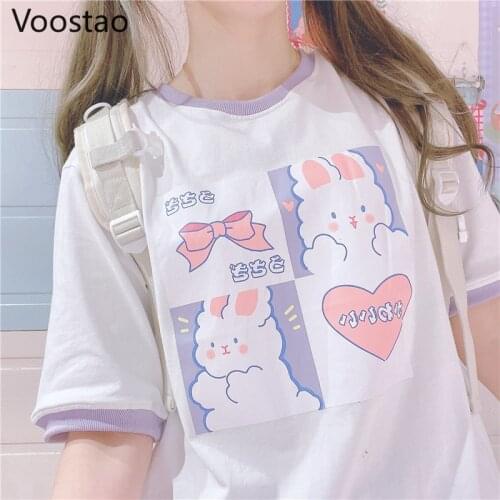 Sweet Cute Rabbit Print T-shirts Women Short Sleeve Kawaii Bunny Graphic Tees Tops Summer Girls Japanese Lolita Cotton Shirt