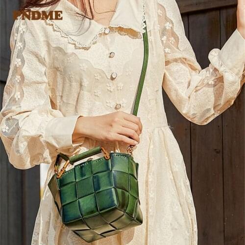 PNDME Fashion Retro High Quality Design Genuine Leather Mini Ladies Small Bag Handbag Woven Basket Single Shoulder Messenger Bag