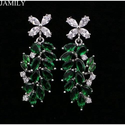 Trendy 925 Sterling Silver Jewelry Flower Shaped Green Cubic Zirconia Stones Bridal Long Earrings For Women