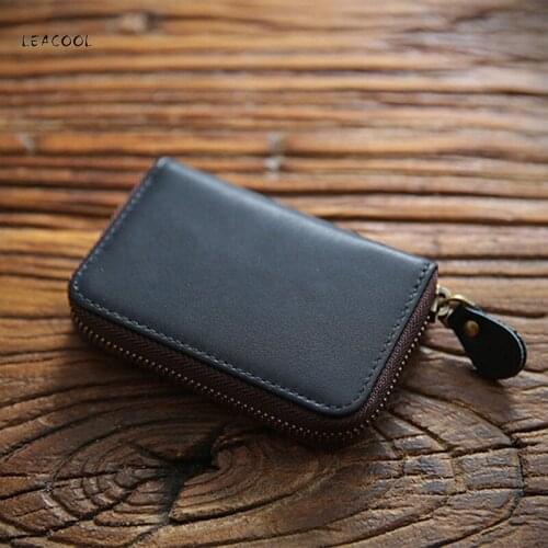 Genuine Split Leather Men Women Credit Card Holder Solid Zipper Accordion Business Card Bag Unisex ID Card Wallet