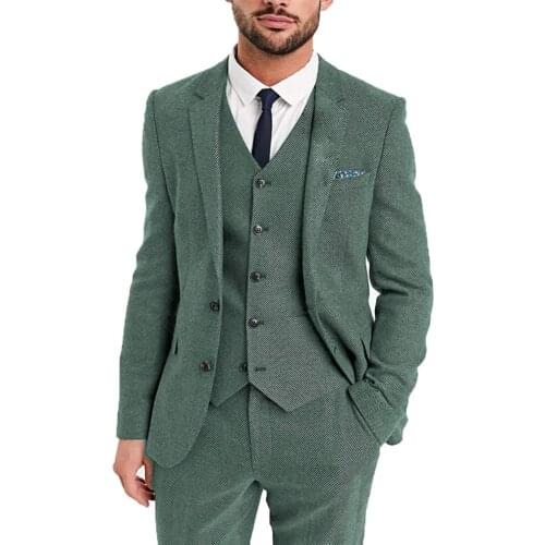 Mens Classic 3 pieces Mens Suit Herringbone Pattern Tuxedos Groomsmen For Wedding(Blazer+Vest+Pants)
