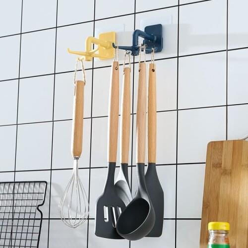 Yellow / Blue Punch-free Wall-mounted 360 Degree Swivel Four-claw Storage Hook Kitchen Tools Rack Organize Kitchen Tools