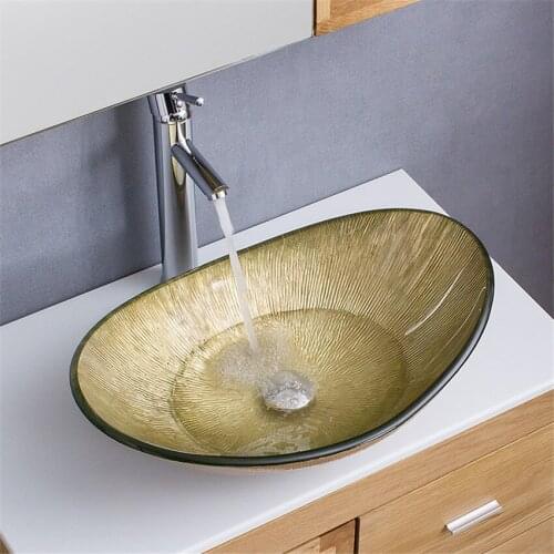 Oval Bathroom Basin Glass Sinks Countertop Vessel Washbasin Tempered Glass Line stripe Sink Chrome-plated Straight Faucet Set