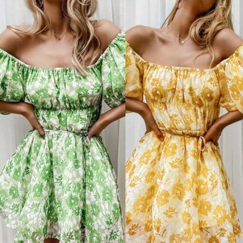 Summer Women Dress Slash Neck Short Sexy Off The Shoulder Chiffon Tunic Mini Female Vestido Daily Wear Robe Beach Style OL C2795
