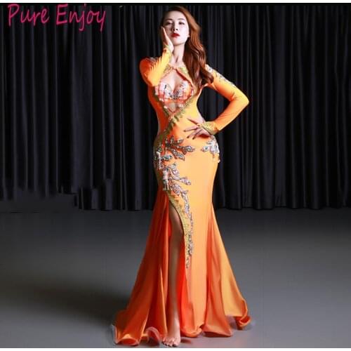 Profession Custom Made Childrens adult Belly Dance Set Show Costume New Silk spandex luxury diamond Bra Robe Fashion Set