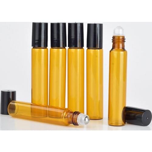 50Pieces/Lot 10 ML Roll On Portable Amber Glass Refillable Perfume Bottle Empty Essential Oil Case With Plastic Cap