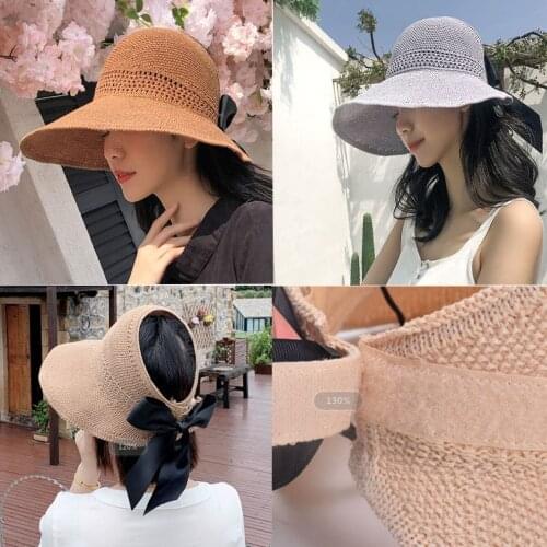 2020 Foldable Summer Beach Straw Hat for Women Brief Sun Hats Sunscreen Chapeu Feminino UV Protection Ladies Bowknot Panama Hat