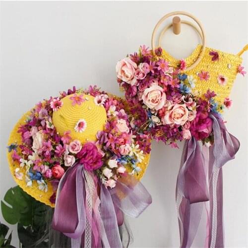 Handmade bag women flower straw bag with sun hat vacation seaside beach bag NEW fashion purple bow ribbon women woven handbag