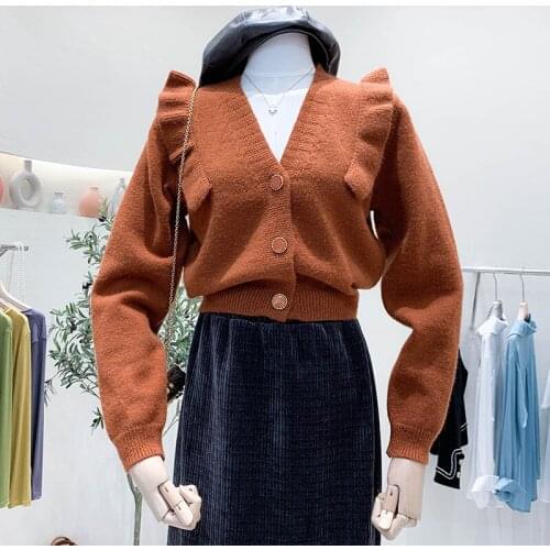 Korean Ruffles Crop Cardigan Women Streetwear Solid Knitted Sweater Autumn Jacket Long-Sleeved Cardigan Female