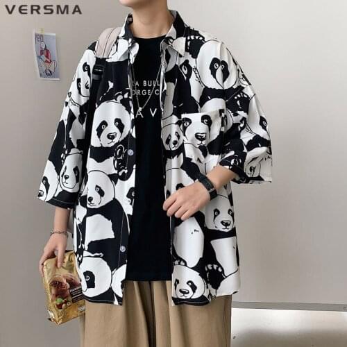 VERSMA Japanese Vintage Panda Graffiti Funny Print Shirt Male Hip Hop Oversize Thin Casual Hawaiian Shirt Men Women Dropshipping