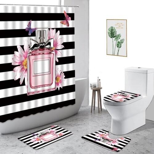 Black And White Stripes Shower Curtain Pink Perfume Bottle Lipstick Printed Bathroom Decor Set Non-Slip Carpet Toilet Cover Rugs
